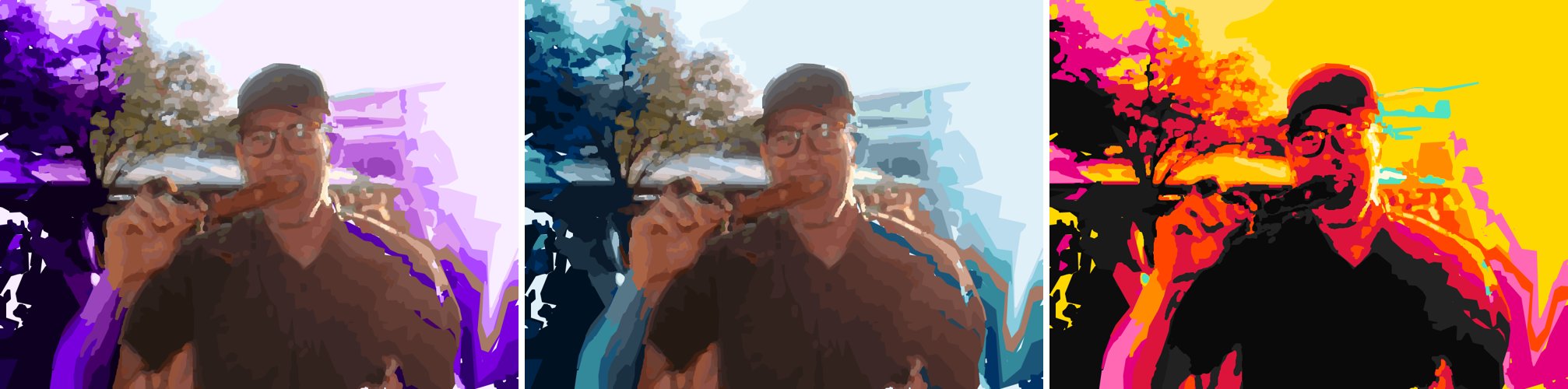 Three stylistic variants of the same festival photo: neon purple background, cool blue background with warm subject, and full Warhol pop art treatment