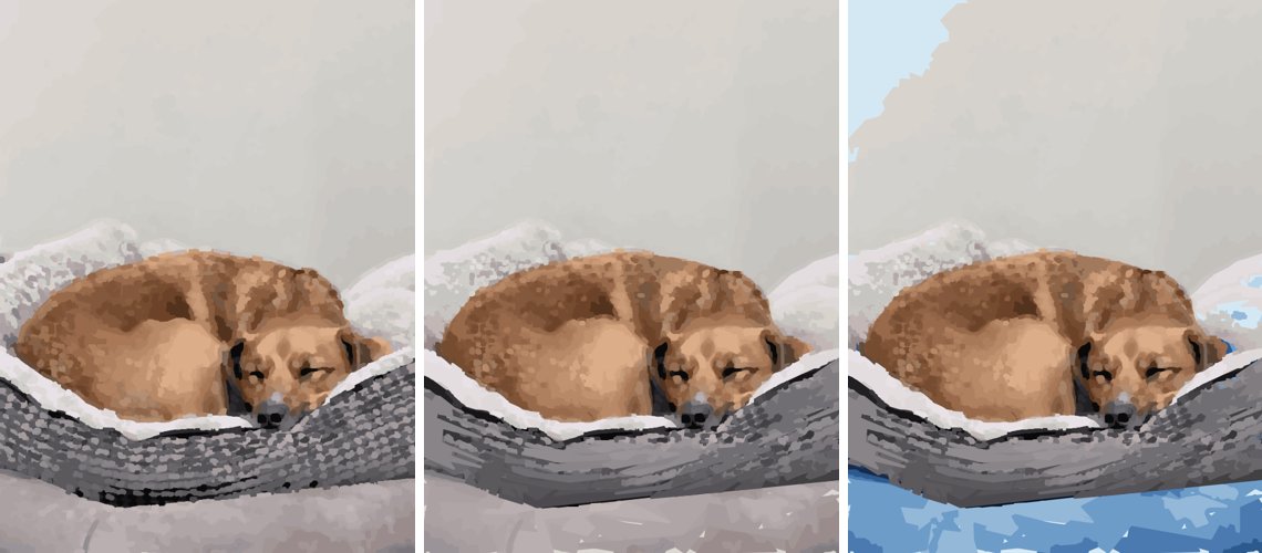 Three versions of a sleeping dog: flat SVG (uniform detail), portrait mode (face sharp, wall abstract), portrait mode with blue palette on background
