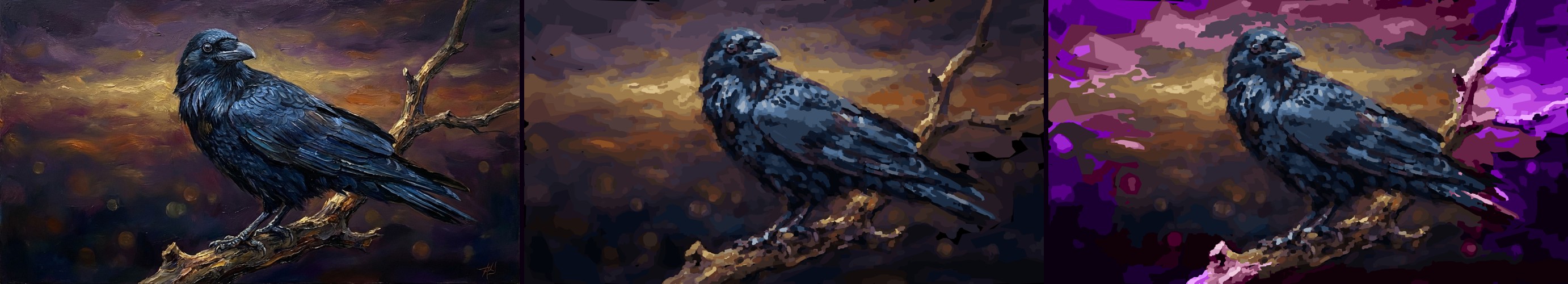 Three versions of a painted raven: the original oil painting, an SVG portrait-mode vectorization, and an SVG with the sky remapped to vivid purple while the raven stays natural