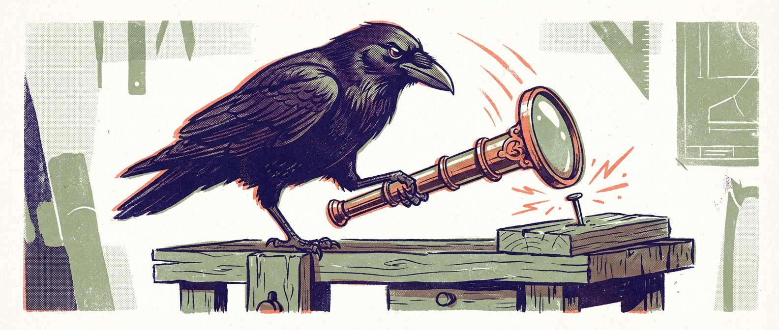 A raven hammering a nail with a telescope