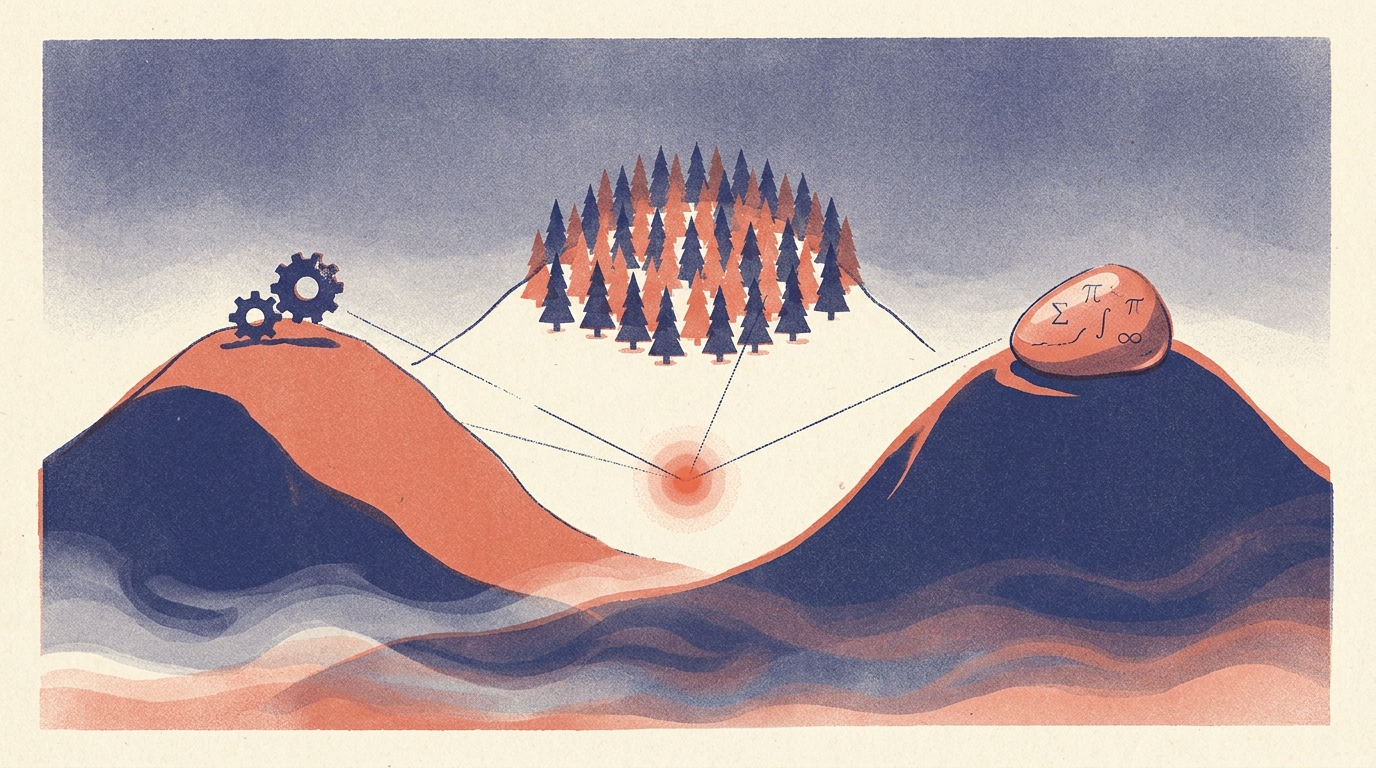 Risograph editorial landscape in indigo and coral on a cream background: three peaks stand distinct — one with the silhouette of gears near its summit, one crowned by a grove of identical conical trees, one bearing a polished stone inscribed with mathematical symbols — and thin sight-lines drawn between them cross at a single warm glowing point in the valley floor.