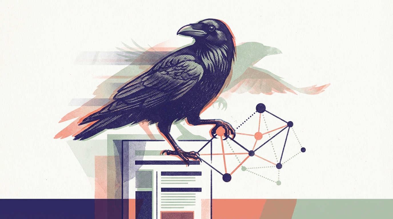 A raven methodically tracing connections through a code graph — risograph illustration