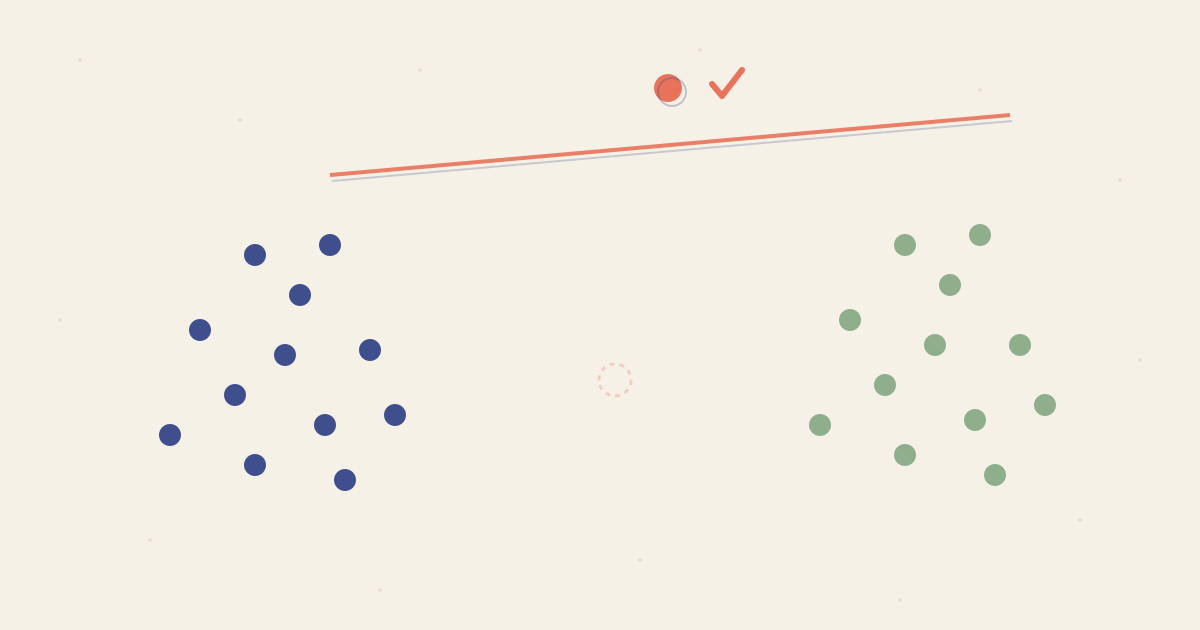 Risograph illustration in indigo, coral, and sage on off-white: an indigo dot cluster on the left, a sage cluster on the right, a faint dashed coral ghost ring in the empty space between them, and above everything a single filled coral dot outside both clusters, separated from them by a coral line, with a coral check mark beside it.