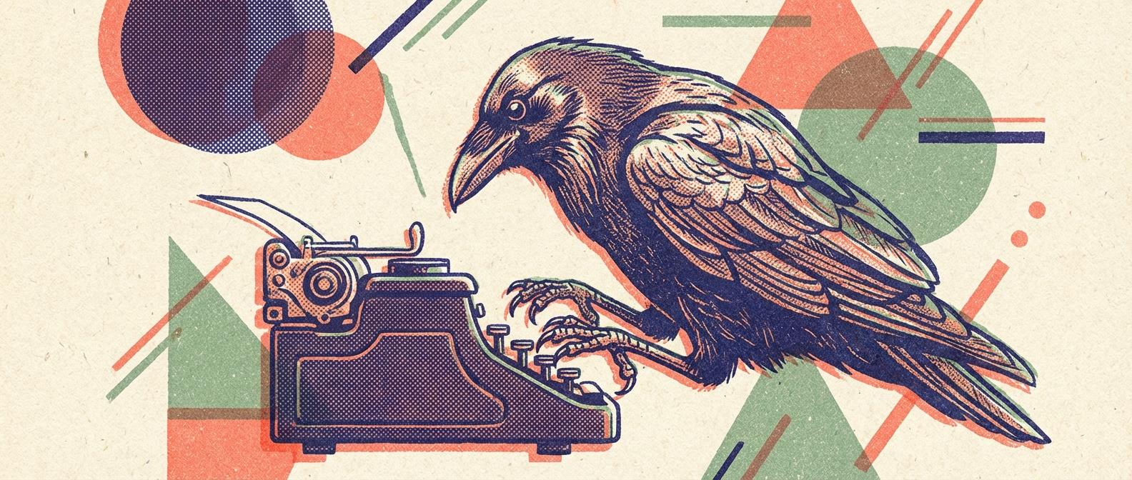 A raven typing at a typewriter — risograph illustration