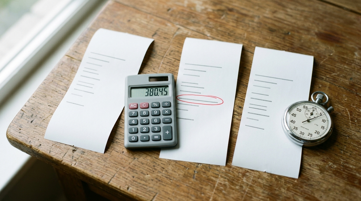 Flat-lay of three blank receipts on a wooden desk, one line circled in red, with a grey calculator showing 380.45 and a stopwatch.