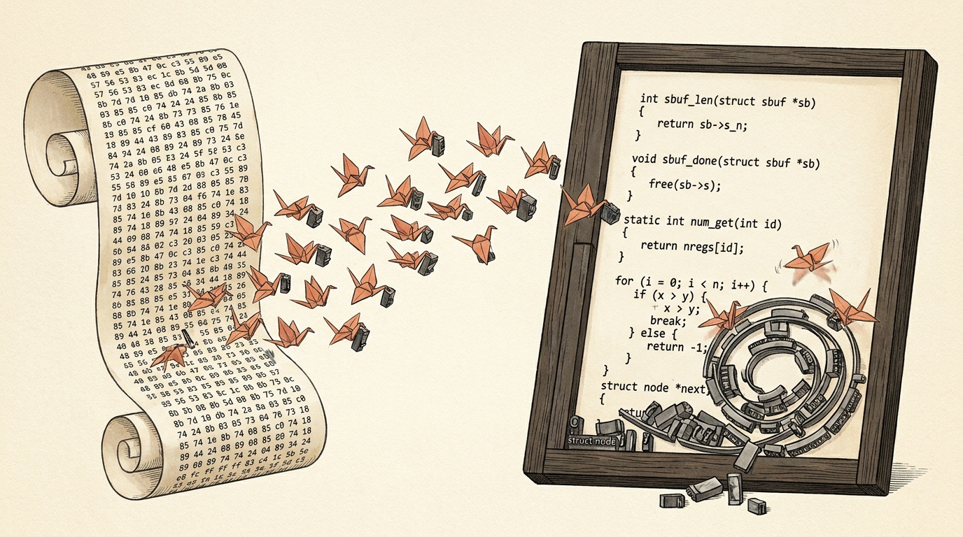 A letterpress print shop drawing: a scroll of hexadecimal machine code on the left, a flock of small orange paper cranes carrying metal type blocks to a composing frame on the right. The frame holds three short, finished C functions; below them a for loop is half set and the rest of its type is tangled into a coil the cranes cannot fit.
