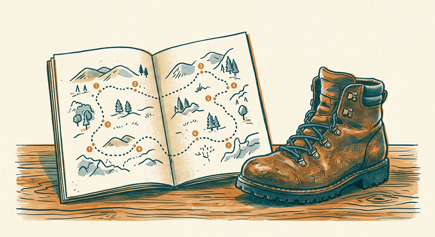 Risograph-style illustration of an open field guide showing a numbered trail map, next to a worn hiking boot on a wooden desk