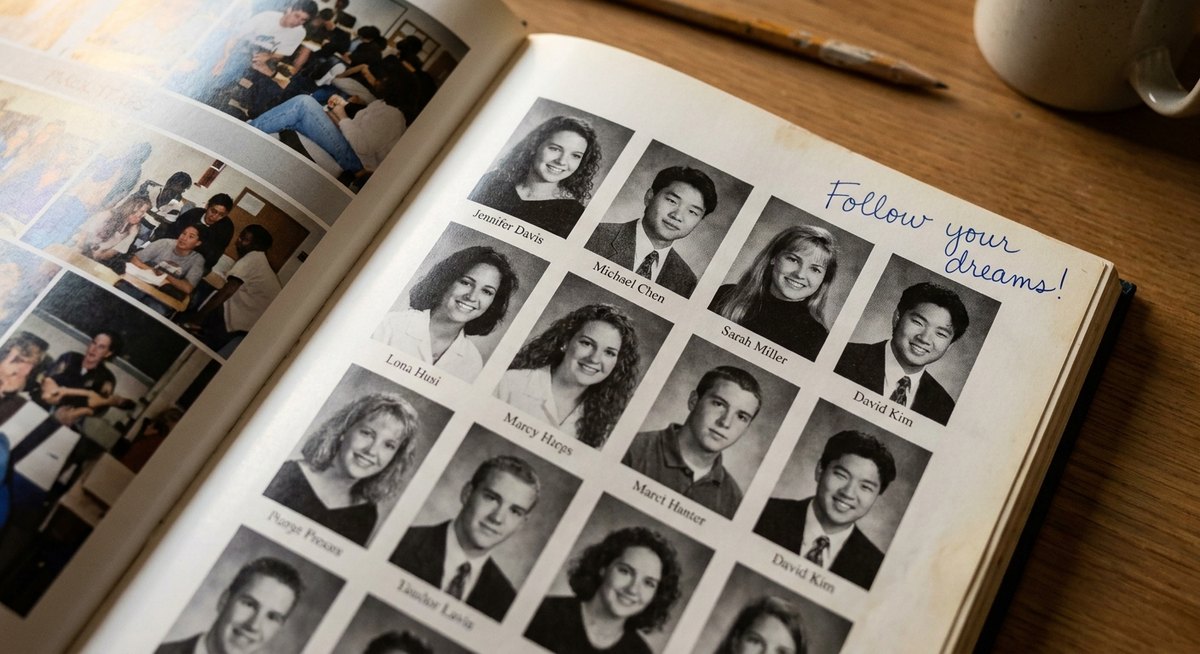 An open high school yearbook showing a page of black-and-white senior portraits, with