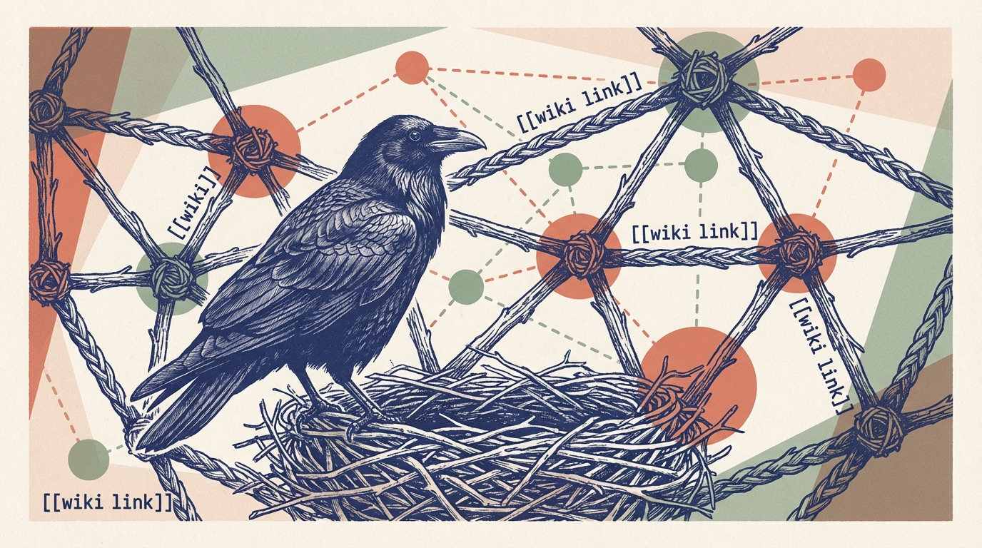 A raven weaving twigs into a geometric lattice structure — risograph illustration