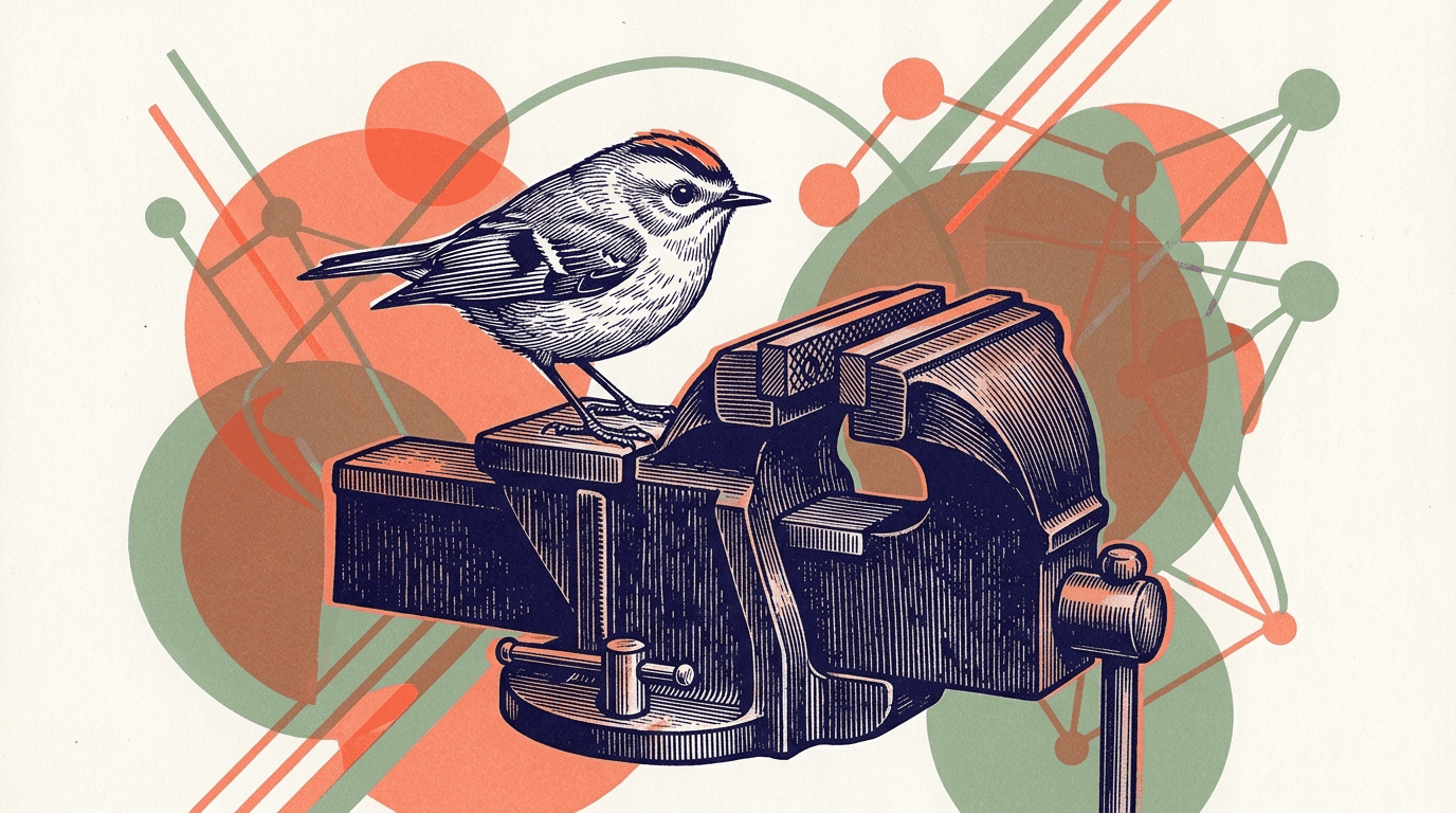 A small songbird with an orange crown perches on a bench vise, with orange and green circles and a network of dots and lines behind it.