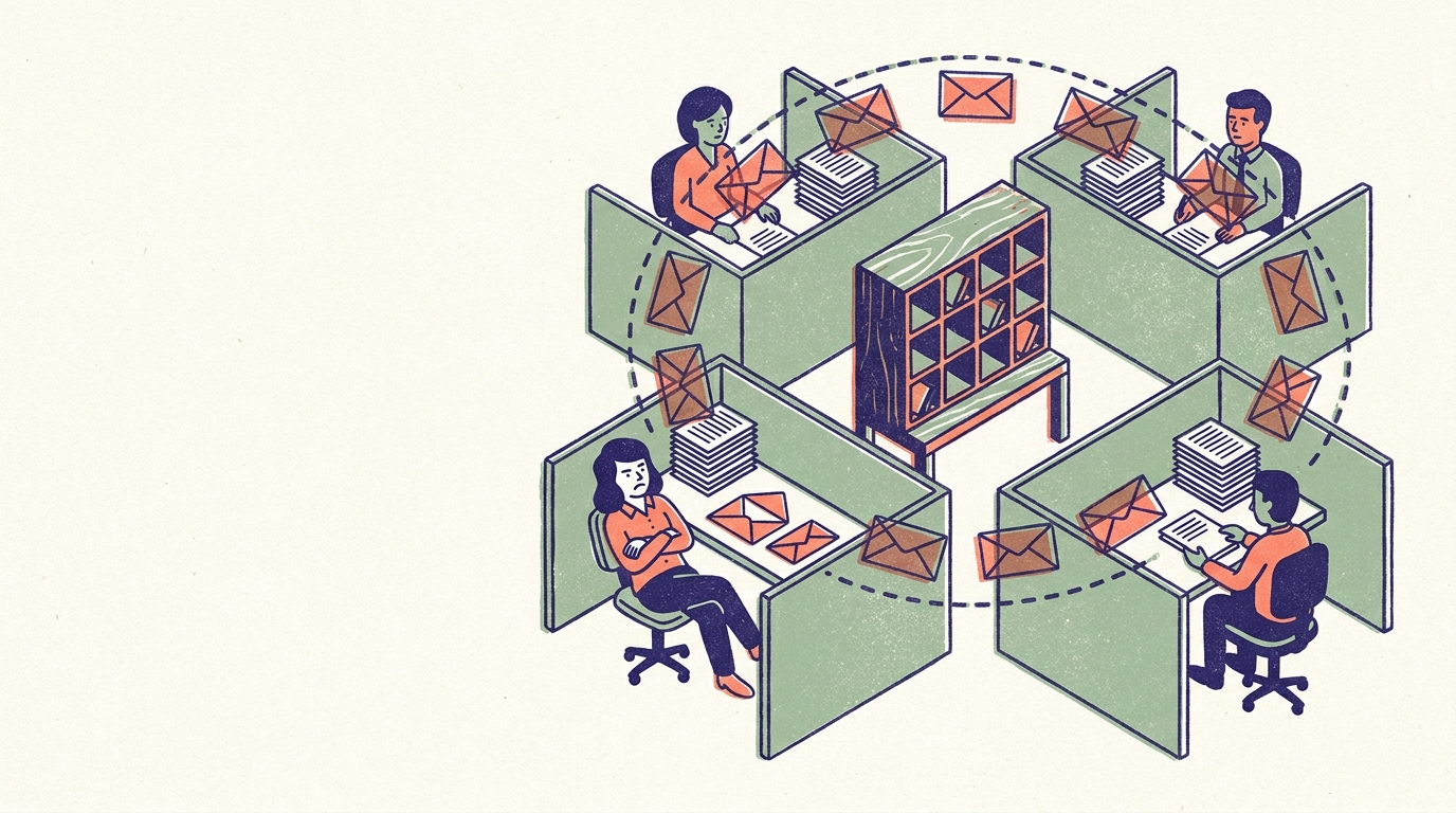 Four office workers in cubicles around a central mail-sorting rack, with coral envelopes travelling between them; one worker sits back with arms crossed, frowning at the envelopes on her desk. Three-ink risograph print.
