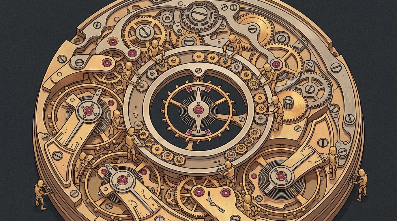 A mechanical watch movement in brass and steel, with small identical figures fitting gears around a central wheel