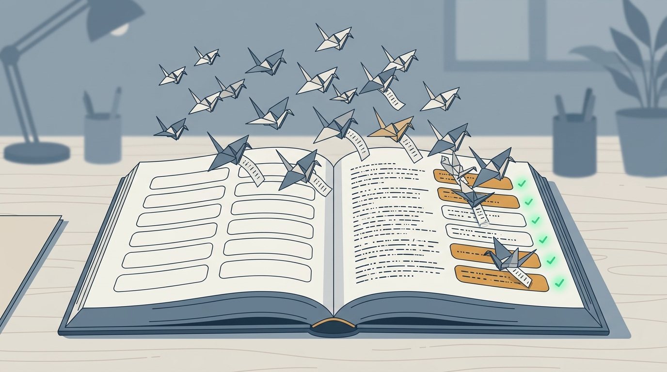 An open book on a desk: the left page holds rows of empty outlined boxes, the right page is filled with lines of code-like dashes, and a flock of small paper cranes carries strips of paper from one page to the other, with green check marks beside the filled boxes.