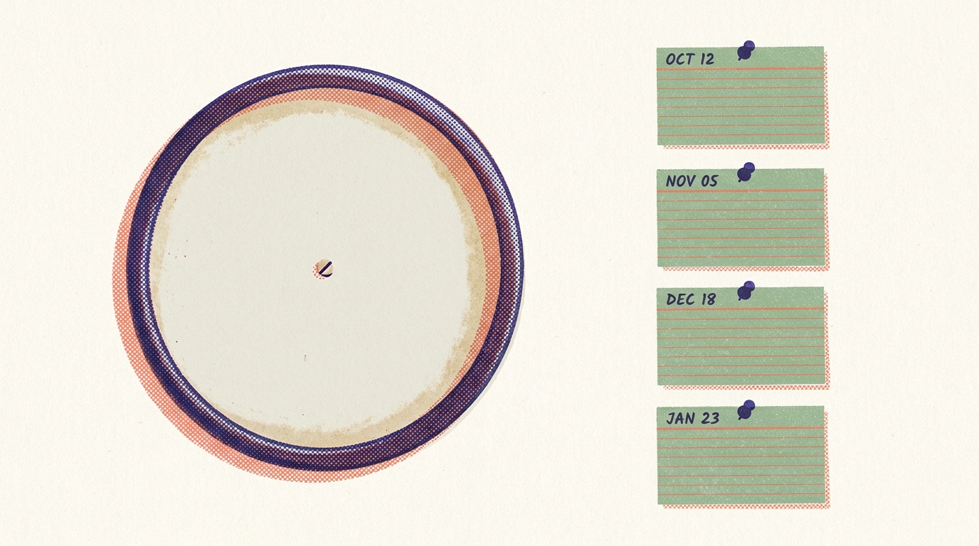 Editorial illustration of a wall with a circular shadow where a round clock has been removed, and four pinned index cards to the right with handwritten month-and-day dates &mdash; risograph style in indigo, coral, and sage on off-white paper.