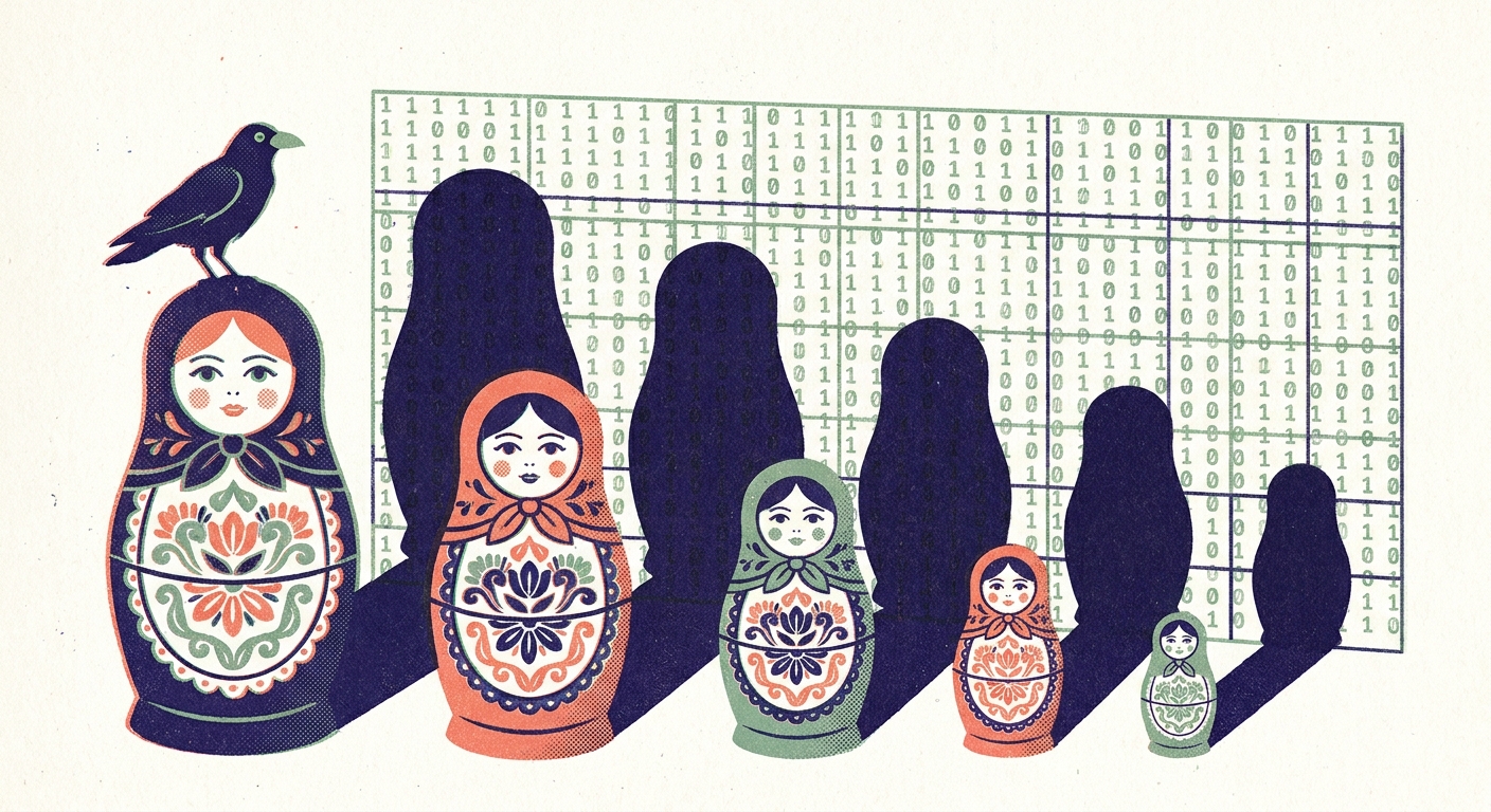Risograph illustration in indigo, coral, and sage on cream paper. A row of Russian Matryoshka nesting dolls arranged from largest to smallest, each casting a dark silhouette onto a grid of binary digits behind them. A raven perches on the largest doll, observing. The dolls are detailed and colorful; their binary shadows are uniform — the nesting structure invisible in 1-bit land.