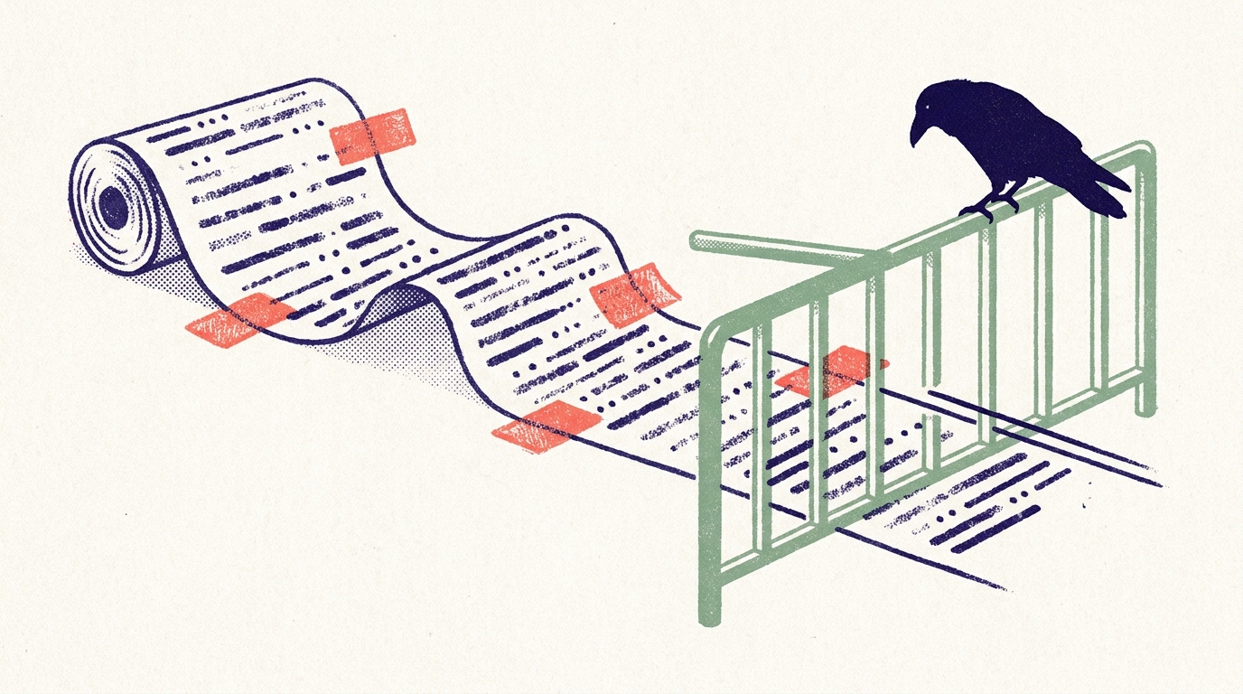 A risograph print of a long scroll of transcript lines with red tabs marking some of them, running under a green barrier where a raven perches.