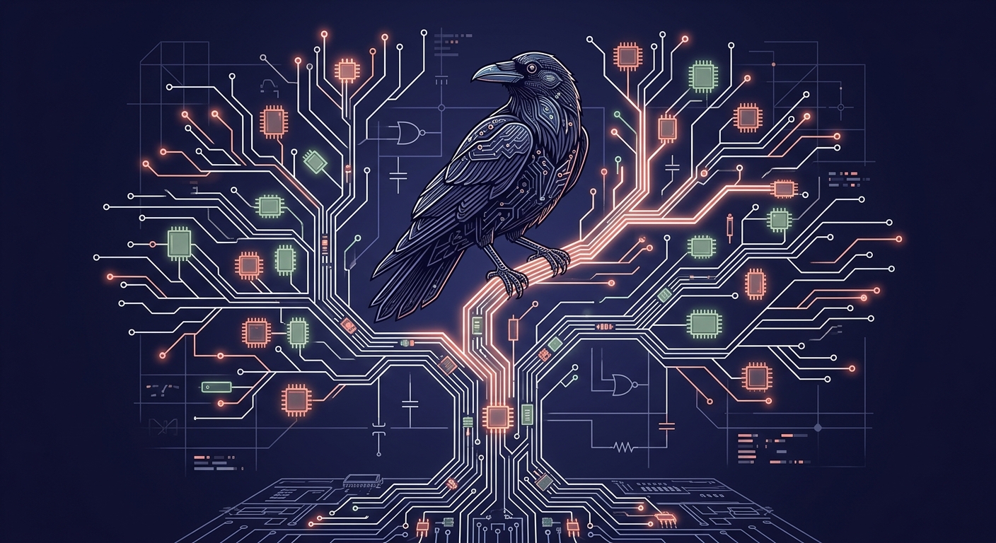 A raven perched on a branching tree of glowing circuit traces and memory nodes