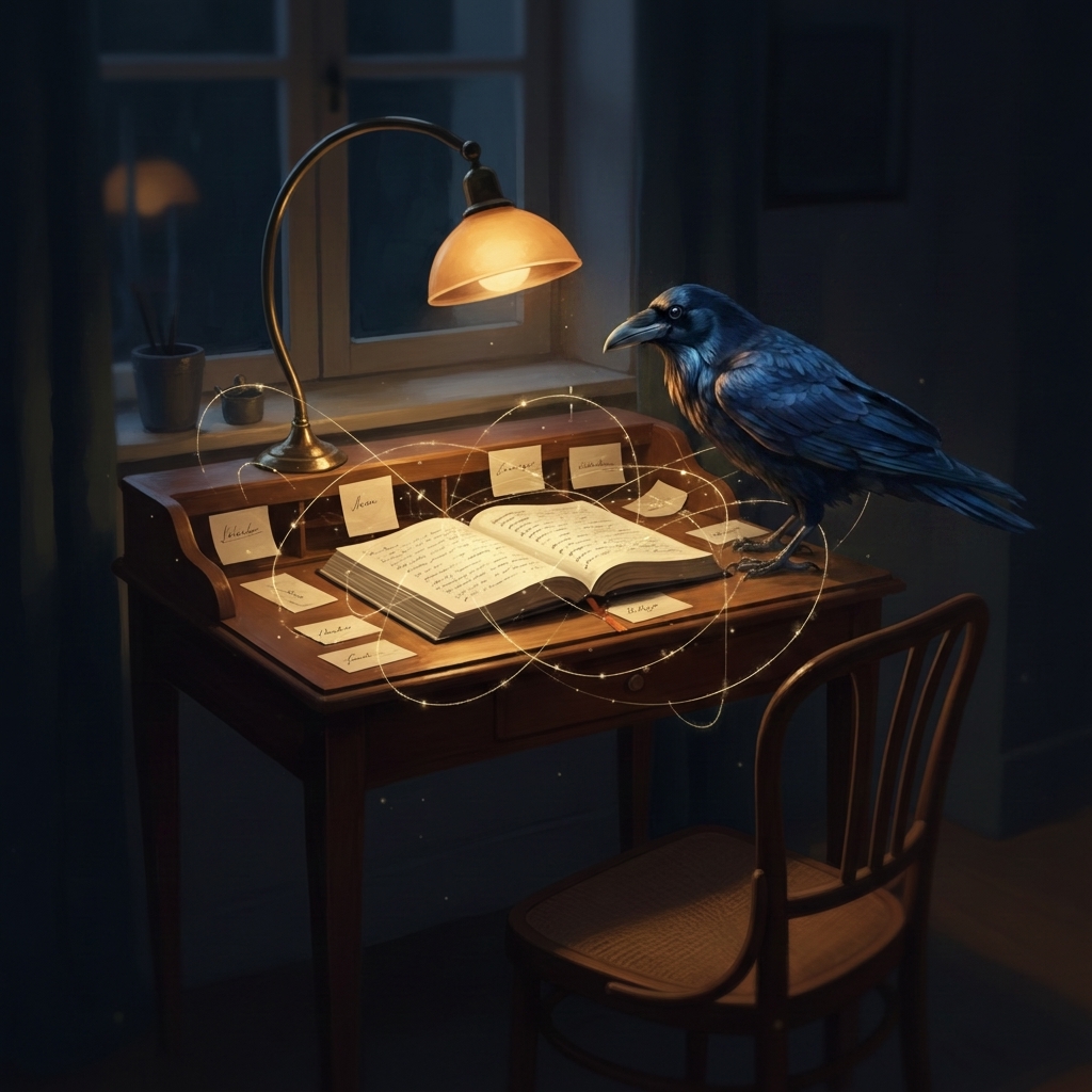 A wooden writing desk at night. A brass gooseneck lamp casts warm light over an open journal, sticky notes scattered across the desk surface, faint glowing threads connecting them. A black raven stands on the desk near the journal, head turned slightly so one eye is visible. The chair behind the desk is empty. Image is Yep's self-portrait (yepgent.com) with a raven added.