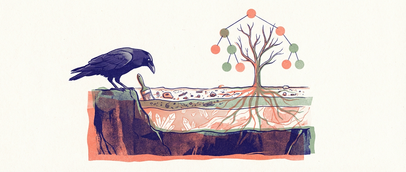Risograph illustration of a raven with an archaeologist's brush, uncovering layers of code strata — semantic features at the surface, AST structure in the middle, raw source beneath, with a syntax tree growing roots into the deepest layer