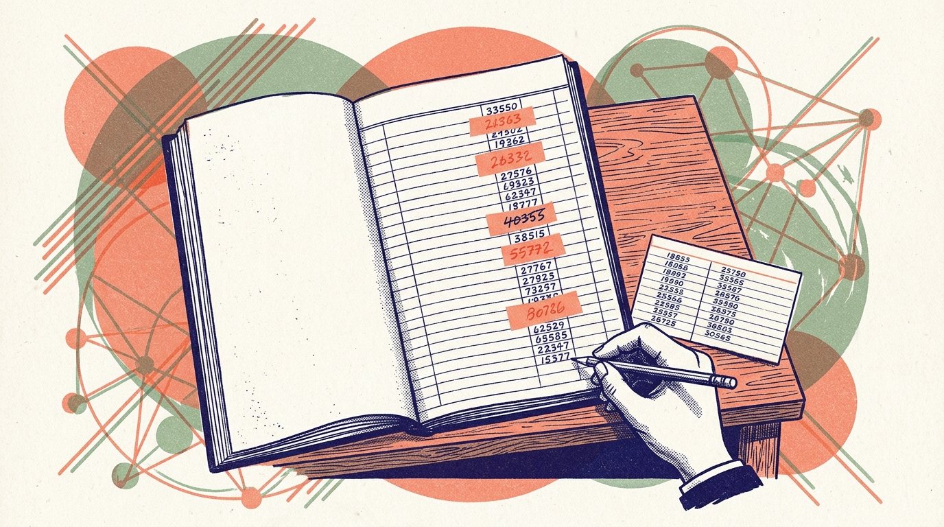Risograph collage in indigo, coral and sage on cream paper: an open ledger with a column of handwritten numbers, several covered by pasted coral slips carrying different numbers, while a hand with a pencil writes a new number at the bottom and consults a small index card of number pairs.