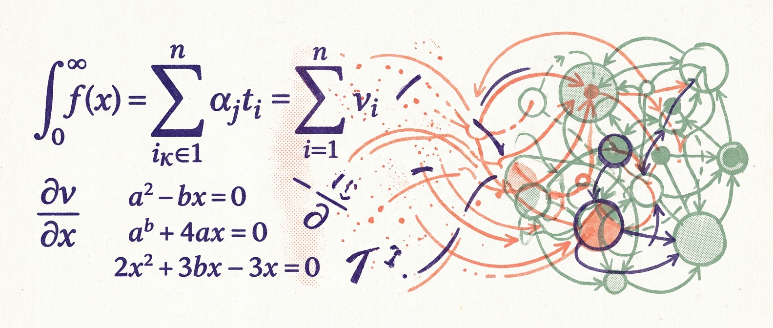 Mathematical notation on the left (integral signs, summations, derivatives) fragmenting into a tangled network of nodes and branches on the right, risograph illustration in indigo, coral, and sage on cream paper