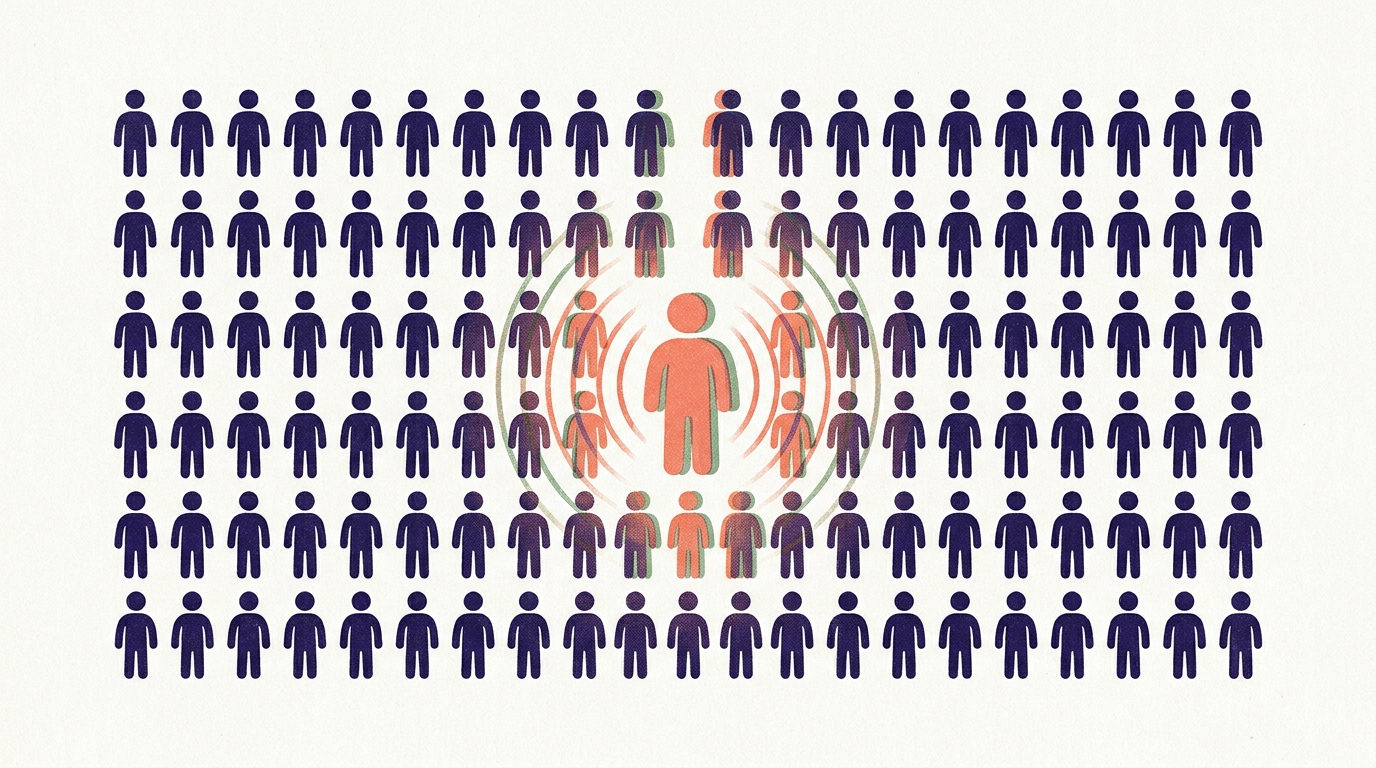 A grid of small indigo human figures with one larger coral figure at the center radiating concentric waves of influence to the surrounding figures, risograph style