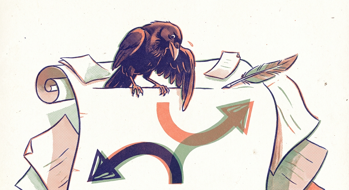 Risograph illustration in indigo, coral, and sage on cream paper. A small raven perches on the edge of an unfurled scroll. From the page beneath the raven, two arrows emerge from the same origin and curve in opposite directions — one up to the right, one down to the left. Loose pages and a quill scattered on the page surface.