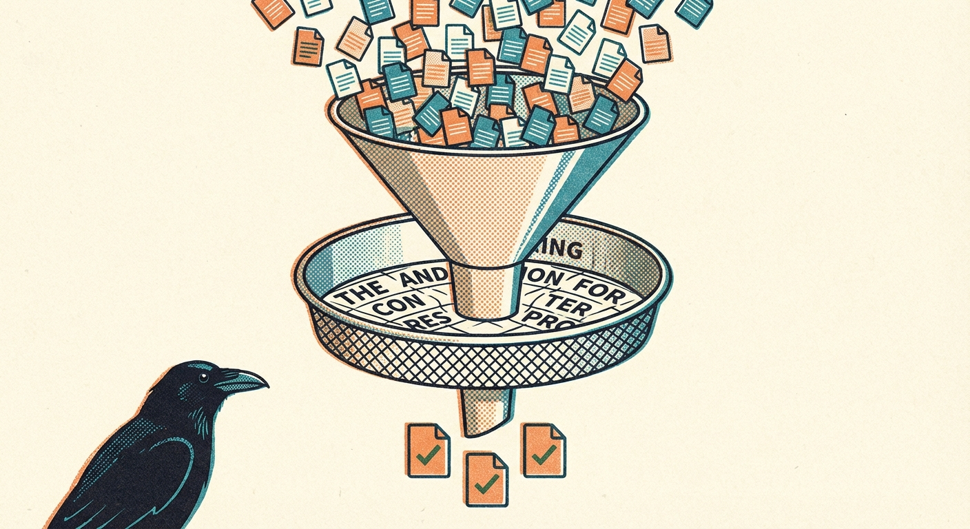 Risograph illustration showing hundreds of files entering a funnel with n-gram tokens as the filter mesh, only a few checked files emerging at the bottom, watched by a raven