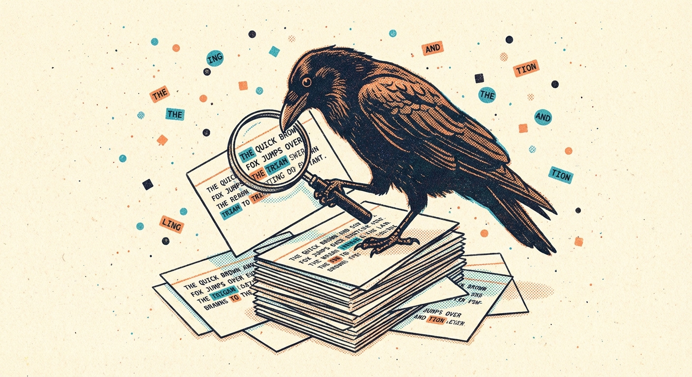 Risograph illustration of a raven examining index cards with a magnifying glass, n-gram tokens floating around it