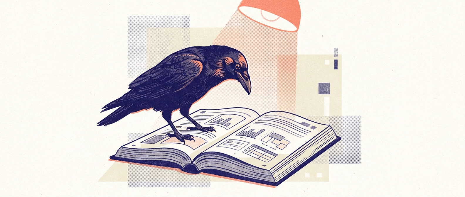 A black raven perched on an open technical document, head tilted down studying pages filled with charts and diagrams, lit by a warm reading lamp from above — risograph editorial illustration in indigo and coral