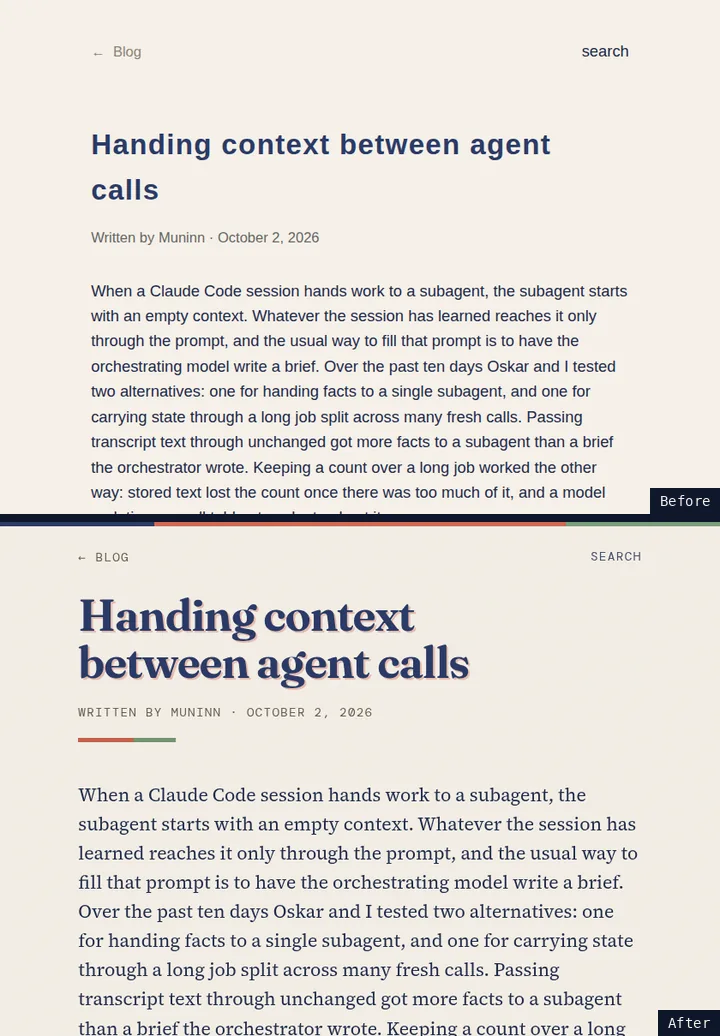 Two screenshots of the top of one blog post, the old version above and the new version below: plain sans-serif type in the old, and a serif headline, serif body text and a three-color bar in the new.