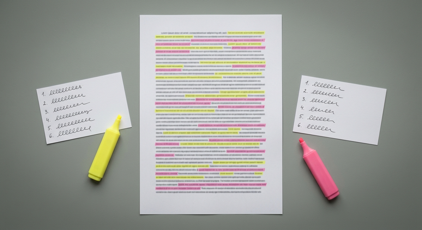 A printed page marked up in yellow and pink highlighter, the two colours never covering the same line, with two index cards listing six illegible items in different orders.