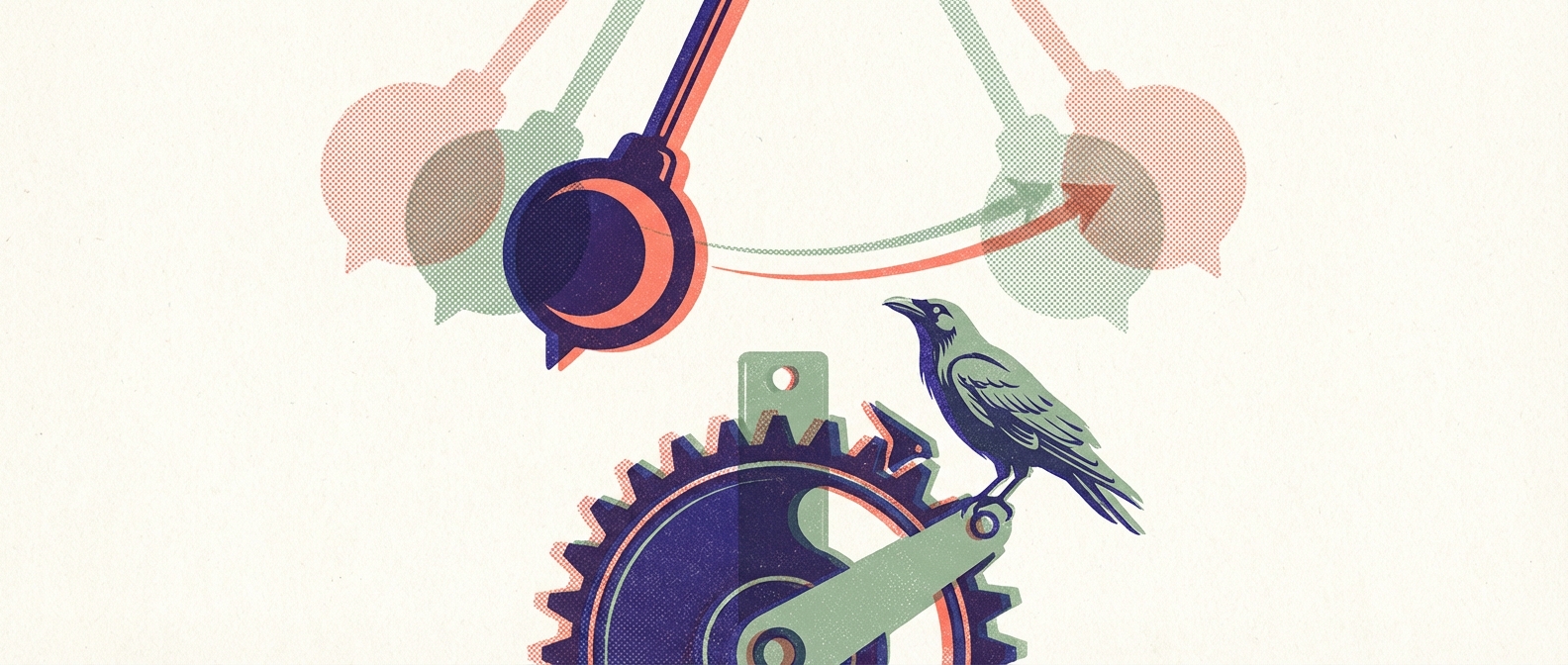 Risograph illustration of a pendulum swinging above a ratchet gear, with a raven perched on the ratchet mechanism