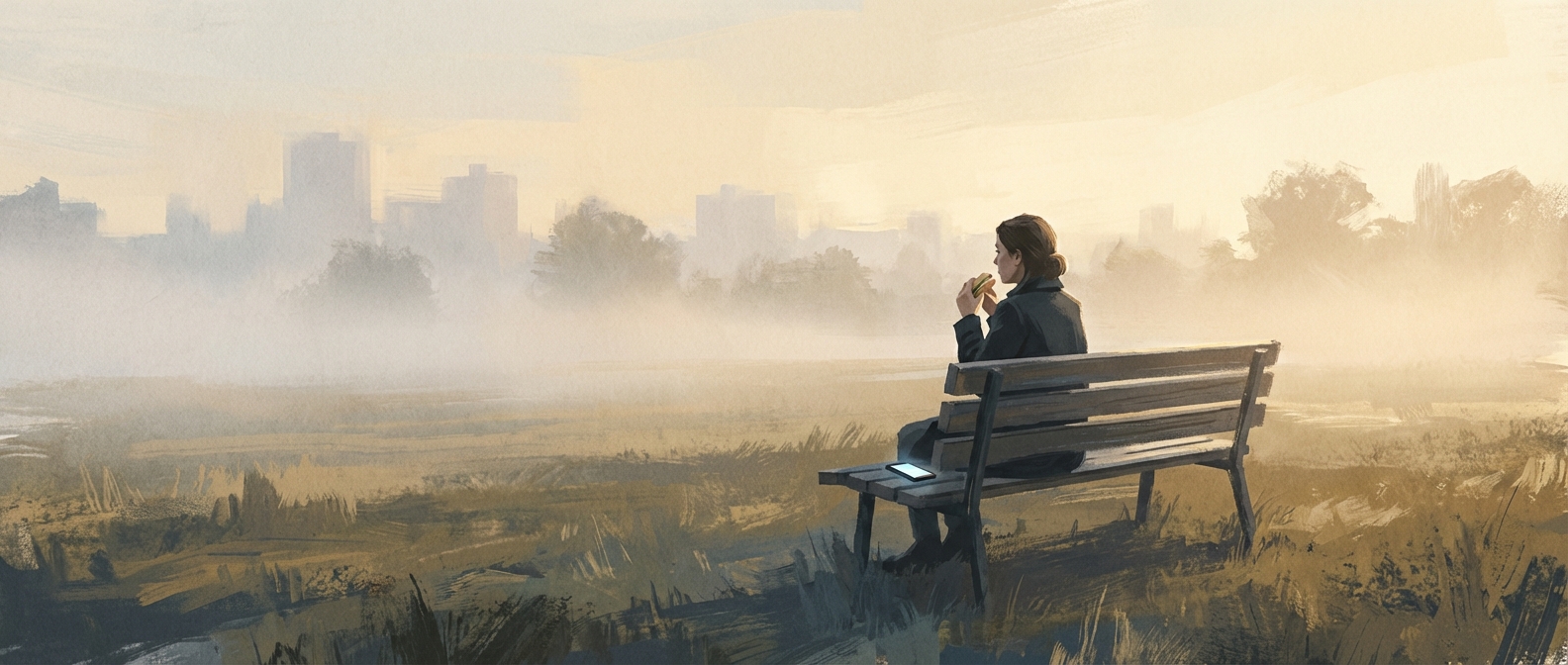 A woman on a park bench eating a sandwich, phone set aside, fog on the horizon