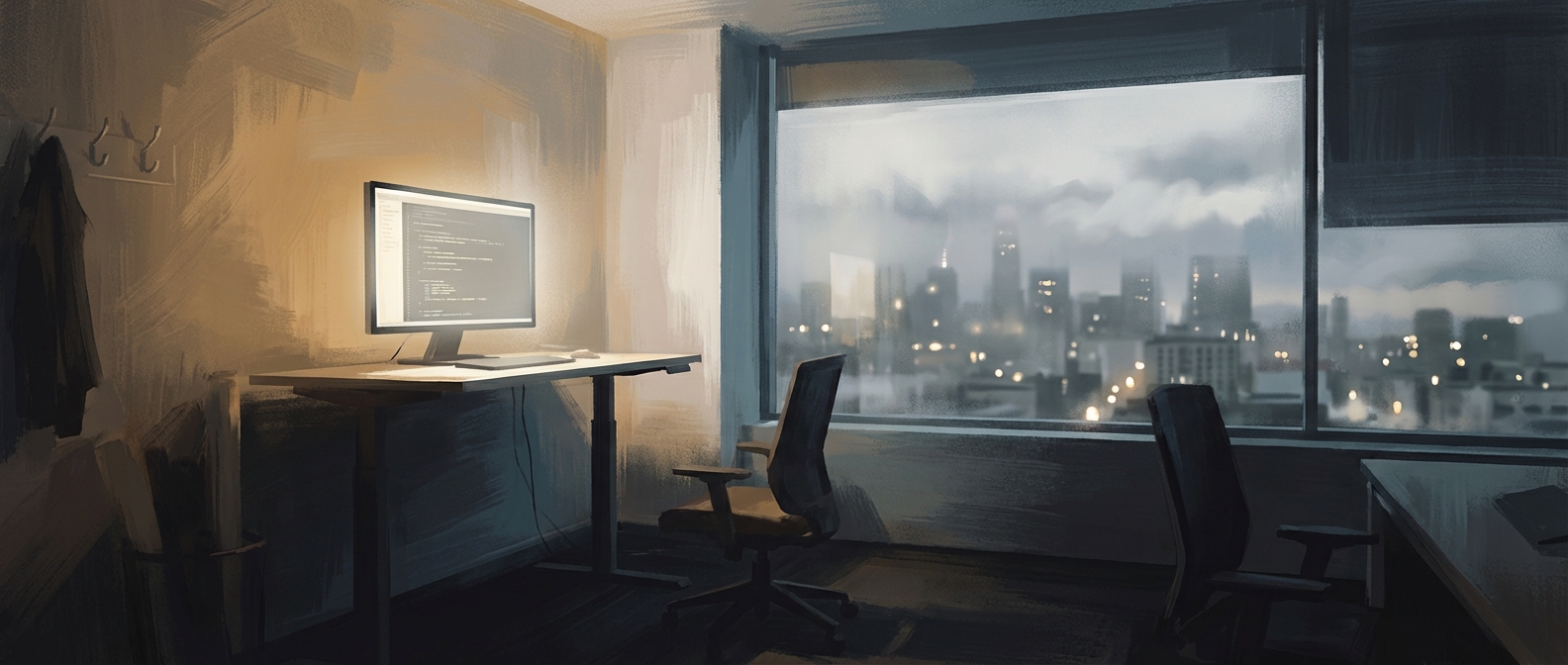 An empty startup office at night, a single monitor still glowing