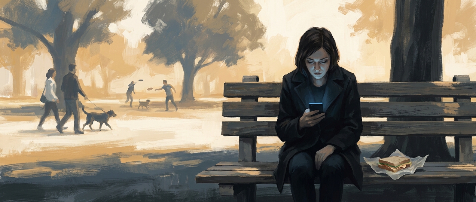 A woman on a park bench, phone glowing in her hands, sandwich abandoned beside her