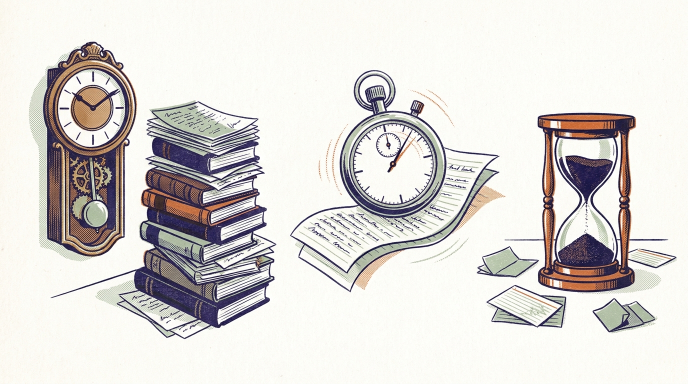 Three timepieces arranged left to right — pendulum wall clock with a stack of books, a stopwatch over a ribbon of handwritten notes, and an hourglass with scattered index cards — risograph editorial illustration