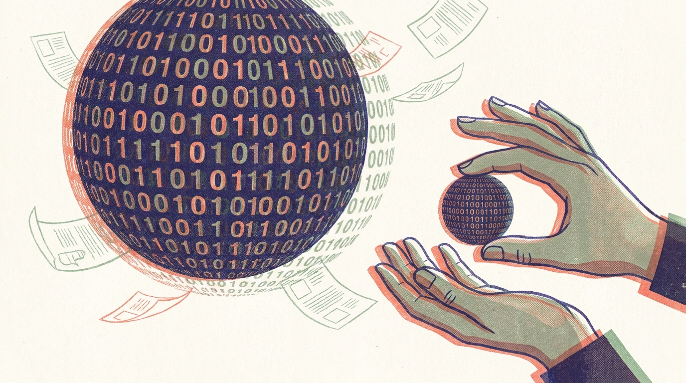 Risograph illustration in indigo, coral, and sage on cream paper. A large sphere covered in binary digits floats beside a hand pinching a tiny marble-sized version of the same sphere. Scientific papers flutter around them like leaves — massive data made pocket-sized.
