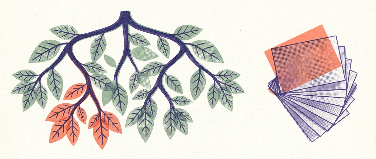 Risograph editorial illustration in indigo, coral, and sage on off-white: an inverted syntax tree branches downward, most leaves drawn in sage outline while one cluster of coral leaves marks a specific subtree that has been picked out — beside it, a fanned stack of paper sheets shows mostly indigo pages with a single coral sheet on top, the same answer reached two different ways.