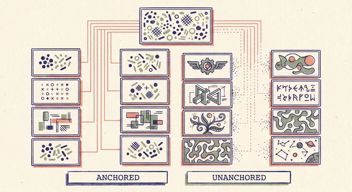 Risograph illustration in indigo, coral, and sage on cream paper. Two columns of small cards. The left column ('ANCHORED') has coral lines tracing each card back to a single source rectangle at the top — the cards contain the same visual vocabulary of dots and dashes as the source. The right column ('UNANCHORED') has dashed lines that fade into specks before reaching the cards, and the cards contain invented contents — a winged-gear emblem, an isometric architectural diagram, an ornate plant, alien runes, constellations — none of which trace back to the source.