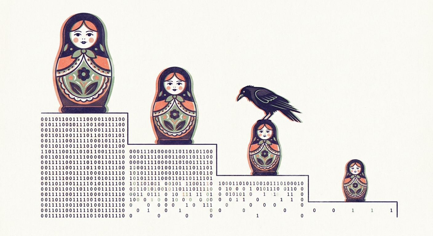 Risograph illustration in indigo, coral, and sage on cream paper. A descending staircase runs from upper-left to lower-right. On each step stands a Russian Matryoshka nesting doll, the largest doll on the top step and each subsequent doll smaller. The steps are paved with rows of binary digits that grow sparser as the dolls shrink: the highest step is filled with dense rows of 0s and 1s, the lowest step has only a few widely-spaced digits. A black raven perches on the third doll, marking the inflection point of the staircase.