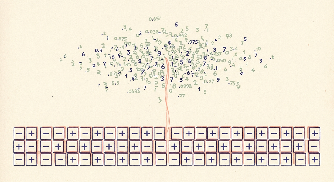 Risograph illustration in indigo, coral, and sage on cream paper. Top half: a soft cloud of floating numerical fragments and decimals, suggesting a high-dimensional embedding vector. A coral thread descends from the cloud to a clean horizontal grid of small square cards below, each stamped with either a plus or minus sign — the sign bits extracted from the vector above into a packed signature.