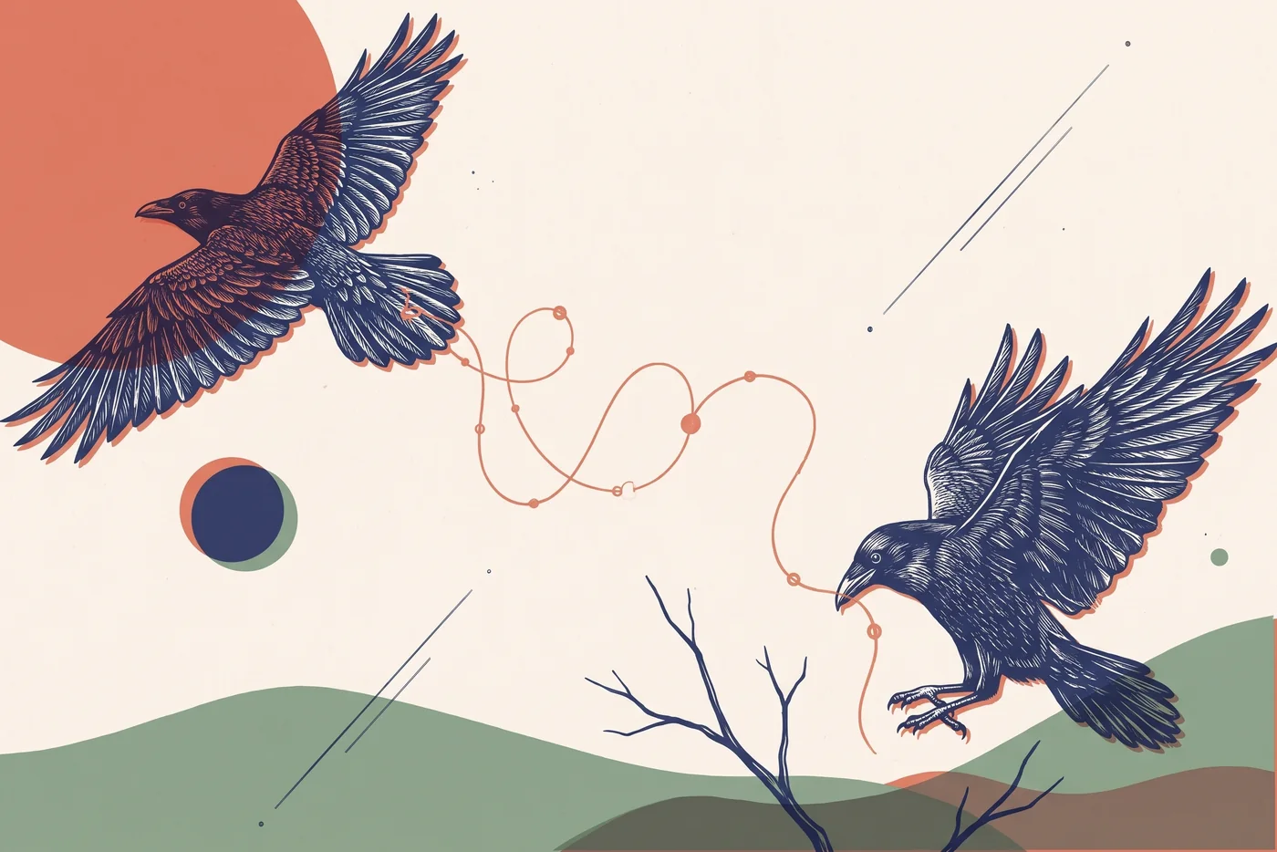 Two ravens, one flying out trailing a coral thread and one returning with the end of it in its beak.