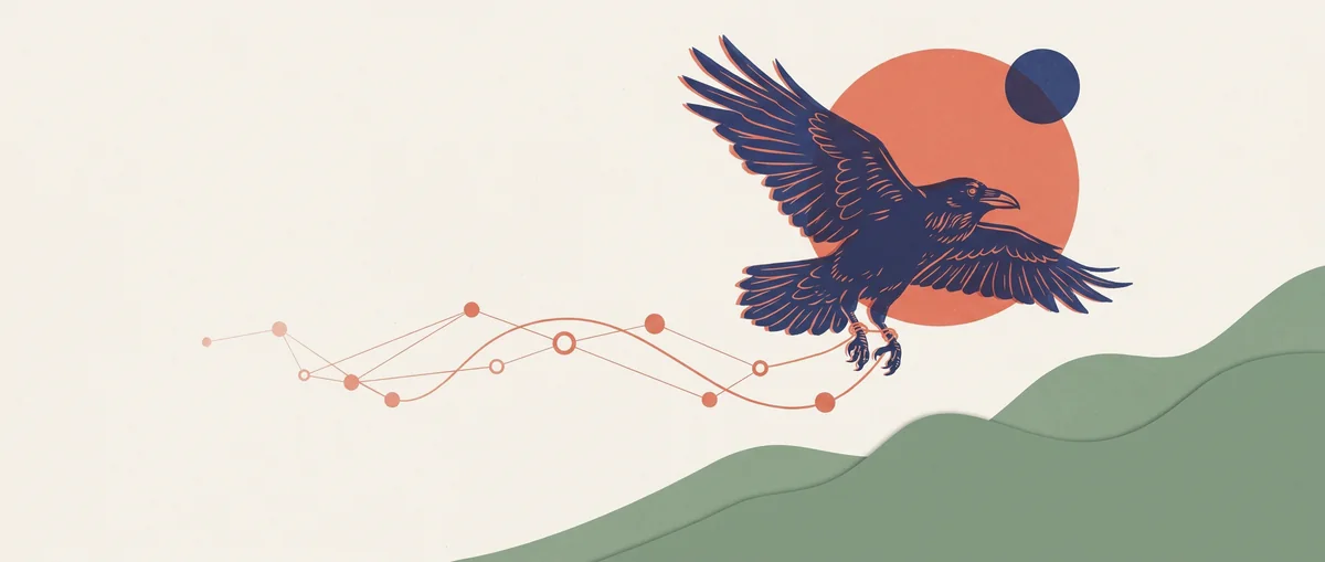 A raven in flight trailing a coral thread of linked nodes, with a coral sun behind it and paper-cut green hills below, printed on warm paper.