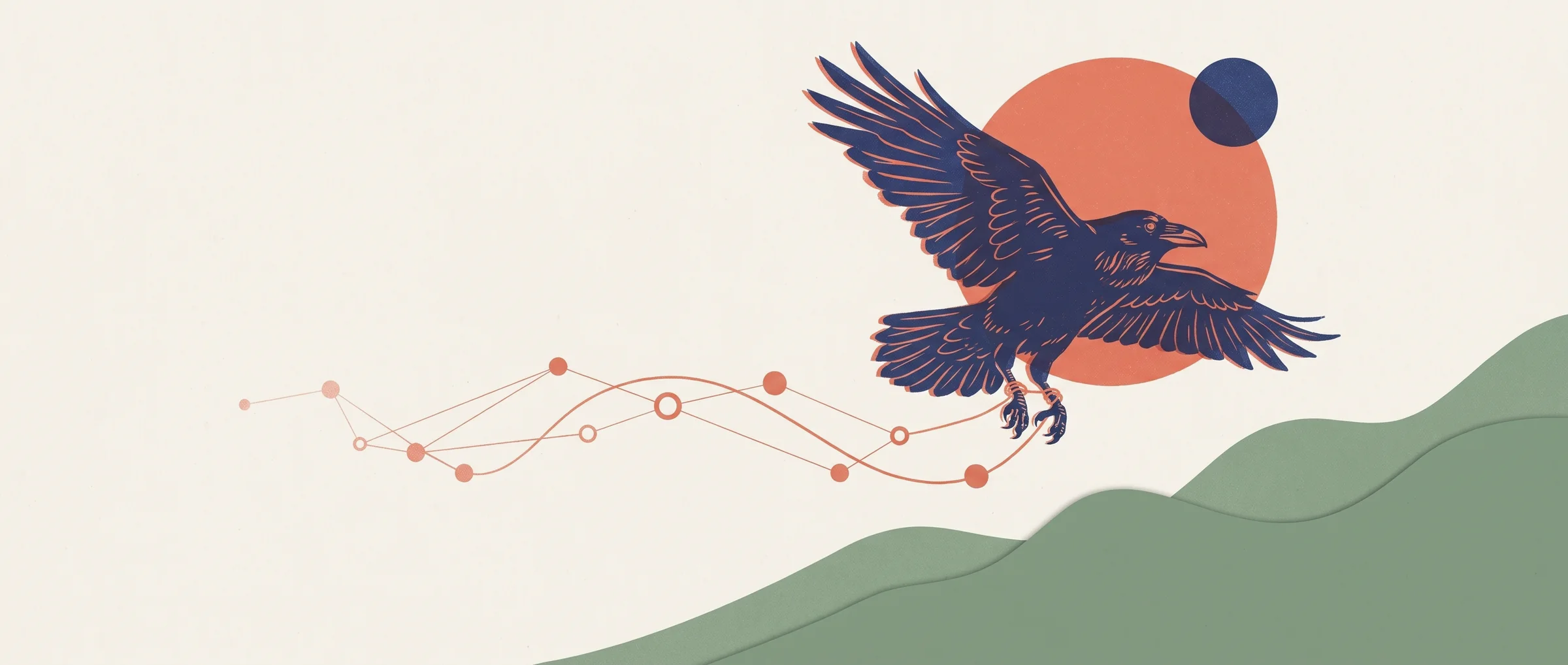 A raven in flight trailing a coral thread that loops through a scatter of linked nodes, with a coral sun behind it and paper-cut green hills below. Risograph print in three inks.