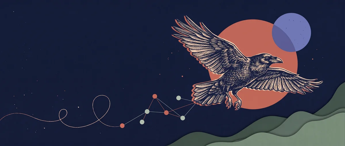 The same raven and hills reprinted on dark navy paper, with the raven in cream ink.