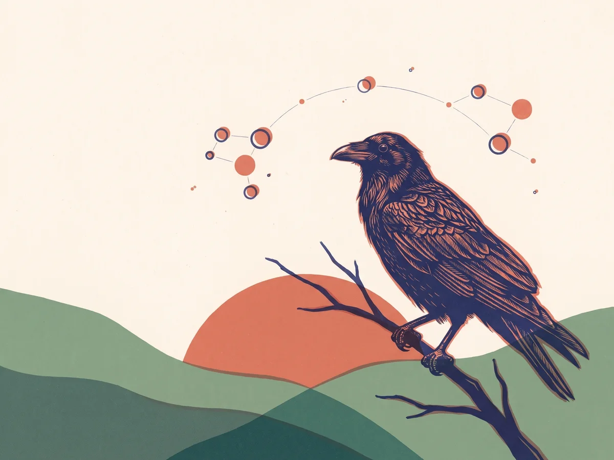 A raven on a bare branch in front of a coral sun and green hills, with a loose constellation of linked nodes arcing overhead. Three-ink risograph print.