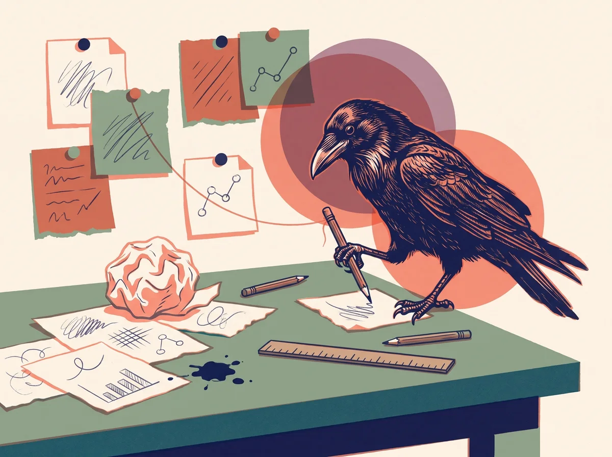 A raven at a green desk, sketching with a pencil among crumpled paper, an ink blot and a ruler, with notes pinned to the wall behind. Three-ink risograph print.